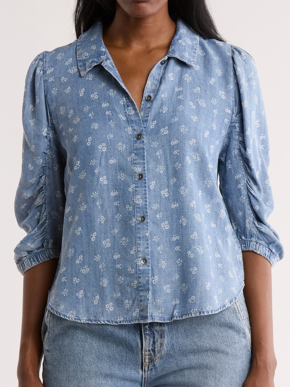Splendid Floral Chambray 3/4 Sleeve Button Down